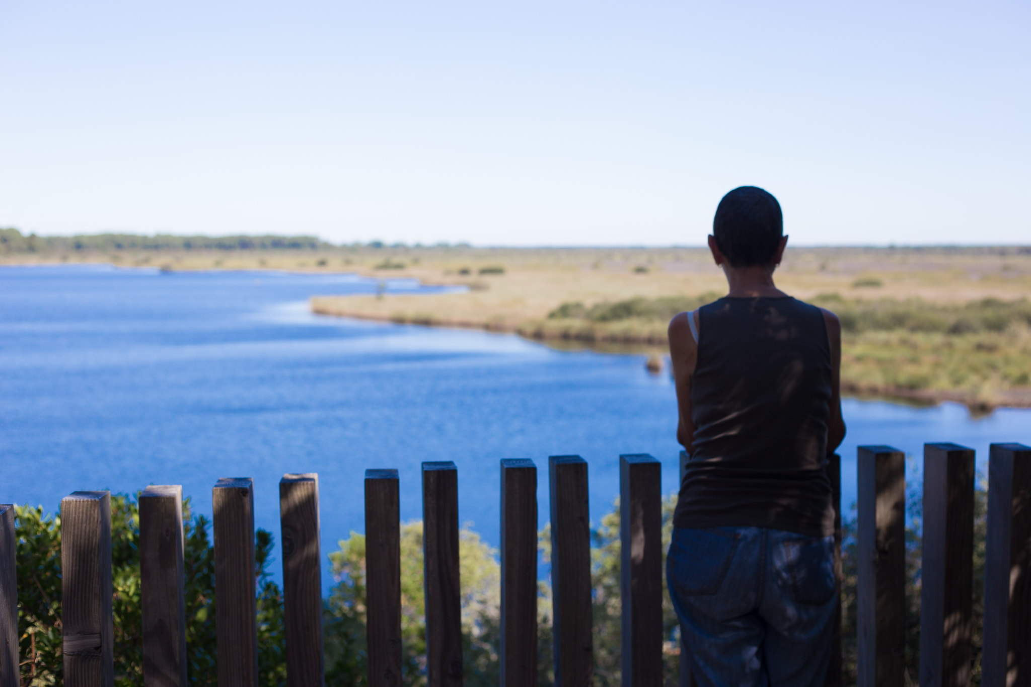 Une personne de dos observe un paysage avec un plan d'eau bleu et des marais salants, séparée par une barrière en bois, dans la région de Bordeaux.