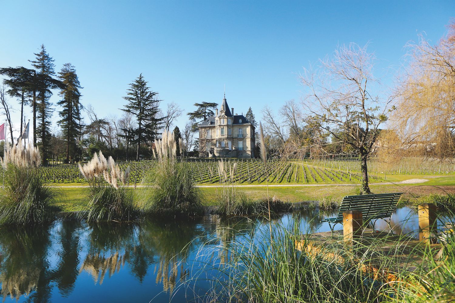 Château viticole bordelais entouré de vignobles, avec un étang de réflexion au premier plan et des arbres en arrière-plan sous un ciel dégagé.