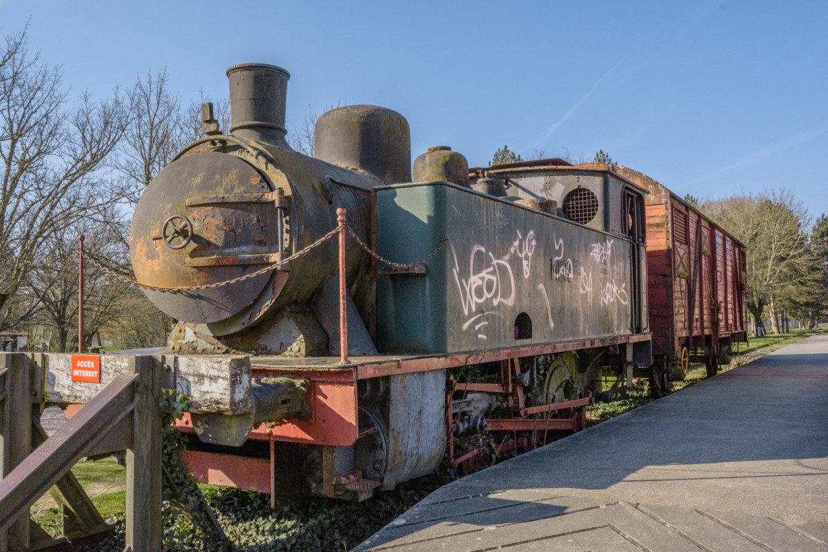 Locomotive à vapeur ancienne avec tender et wagon de marchandises rouille, exposée dans un parc à Bordeaux