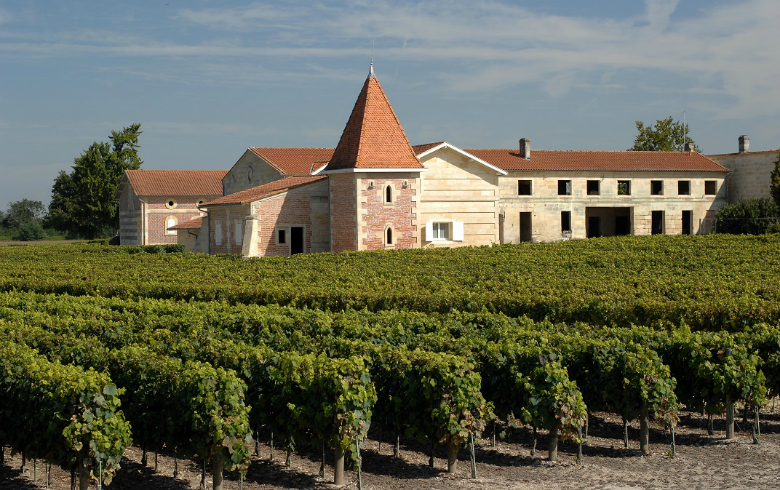 Château viticole bordelais avec tour ronde et toit pointu entouré de vignobles en production