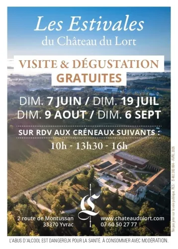 Affiche promotionnelle des Estivales du Château du Lort à Bordeaux proposant des visites et dégustations gratuites les 7 juin, 19 juillet, 9 août et 6 septembre à 10h, 13h30 et 16h, avec vue aérienne du château et vignobles.
