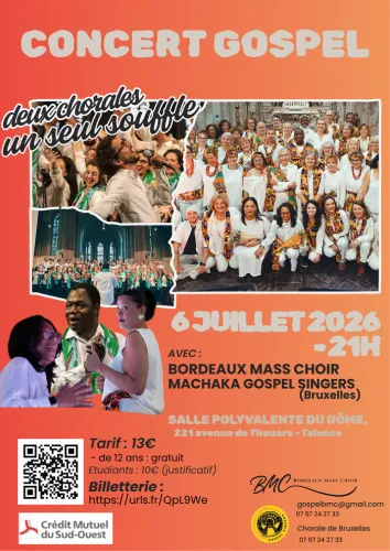 Affiche d'un concert gospel le 6 juillet 2026 à Bordeaux avec le Bordeaux Mass Choir et Machaka Gospel Singers, à la Salle Polyvalente du Dôme