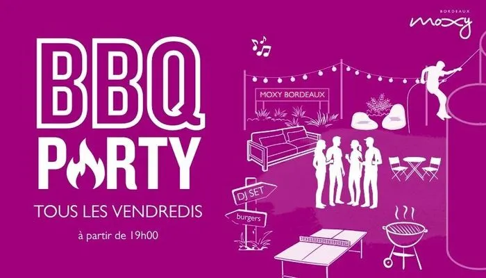 Affiche d'une BBQ Party au Moxy Bordeaux tous les vendredis à partir de 19h, avec illustrations de personnes, mobilier de jardin, barbecue et accessoires de fête sur fond mauve.