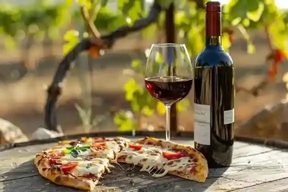 Pizza garnie avec verre de vin rouge et bouteille de Bordeaux sur une table en pierre, dans un vignoble avec feuillage vert en arrière-plan