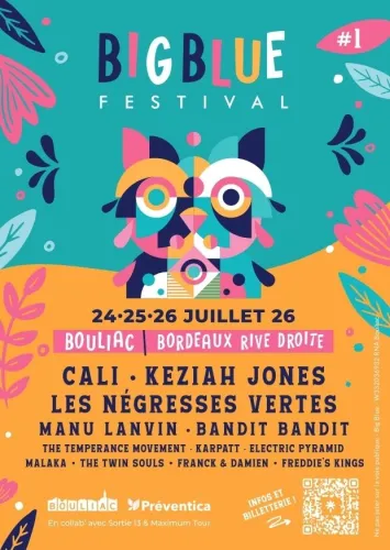 Affiche du Big Blue Festival #1 à Bouliac, Bordeaux Rive Droite du 24 au 26 juillet 2026, présentant un chat coloré stylisé et listant les artistes Cali, Keziah Jones, Les Négresses Vertes, Manu Lanvin et autres.