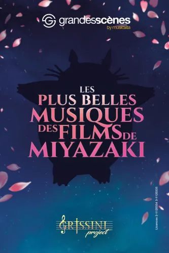 Affiche du concert Grandes Scènes présentant les plus belles musiques des films de Miyazaki, organisé par Musicalta à Bordeaux, avec le Grissini Project, sur fond bleu nuit avec silhouette de Totoro et feuilles roses