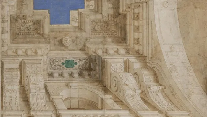 Plan architectural détaillé d'une façade néoclassique bordelaise avec ornements en relief, colonnes, chapiteaux et un élément architectural coloré en bleu et vert.