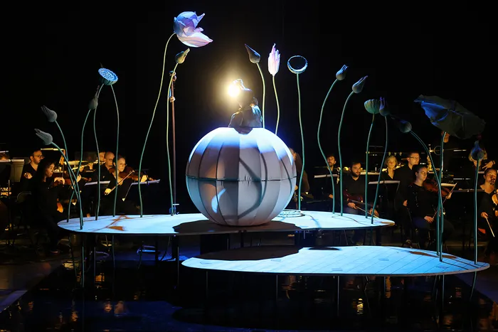 Scène de spectacle nocturne à Bordeaux avec une grande sphère illuminée au centre entourée de tiges florales stylisées et de musiciens en noir sur les côtés, pour le spectacle 'Momo, l'enfant pêche'.