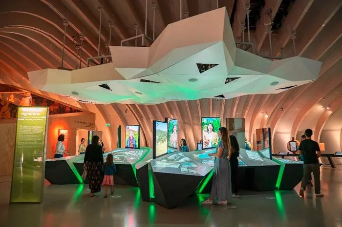 Exposition interactive à La Cité du Vin de Bordeaux avec des écrans tactiles luminescents, un plafond ondulant aux formes organiques, et des visiteurs explorant les installations numériques éclairées en vert et orange.