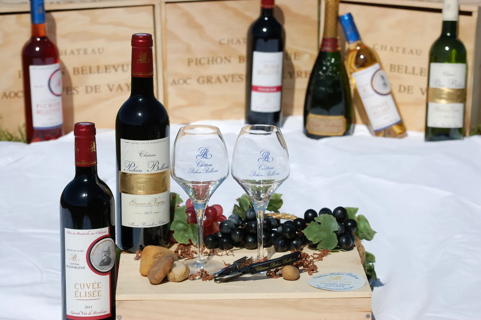 Dégustation de vins du Château Pichon Bellevue à Bordeaux avec bouteilles de Graves et Cuvée Elisée, verres remplis, raisins noirs et accessoires de dégustation sur présentation en bois