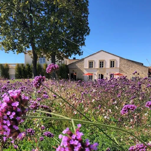 Vue du Château Larmande à Bordeaux avec un champ de fleurs violettes au premier plan, bâtiment en pierre sous ciel bleu dégagé