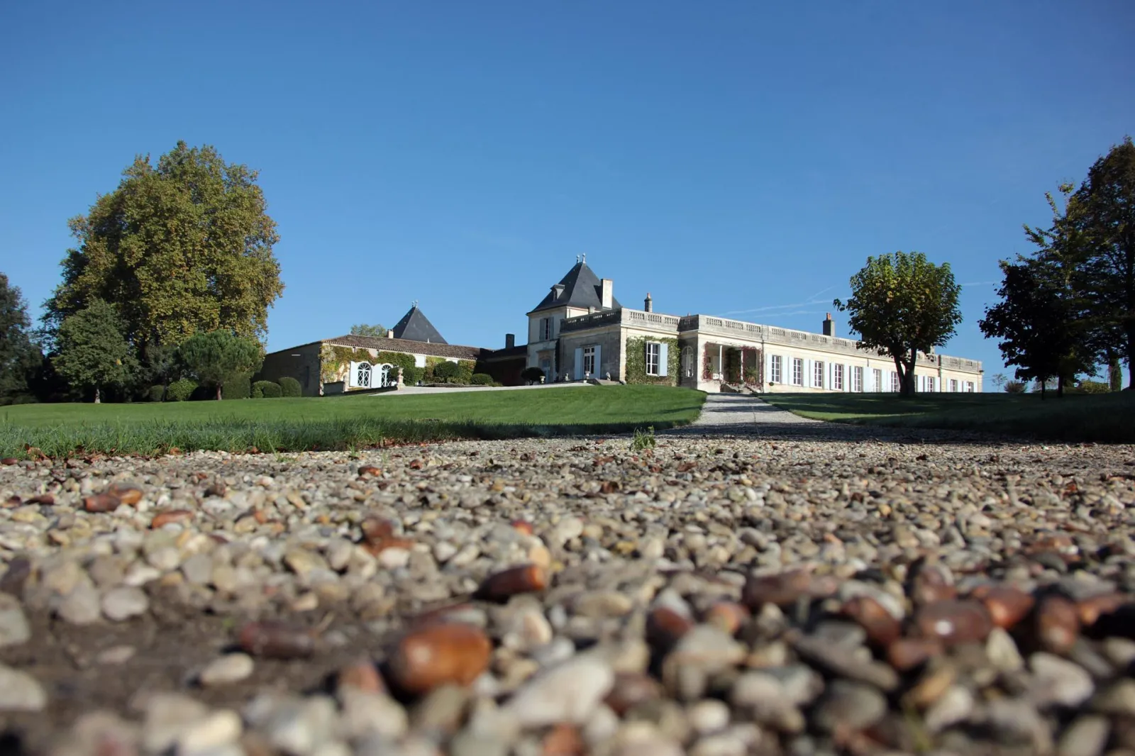 Vue du Château Paveil de Luze à Bordeaux, une demeure historique aux façades blanches avec des toits mansardés, entourée d'un parc arborisé et d'allées gravillonnées.