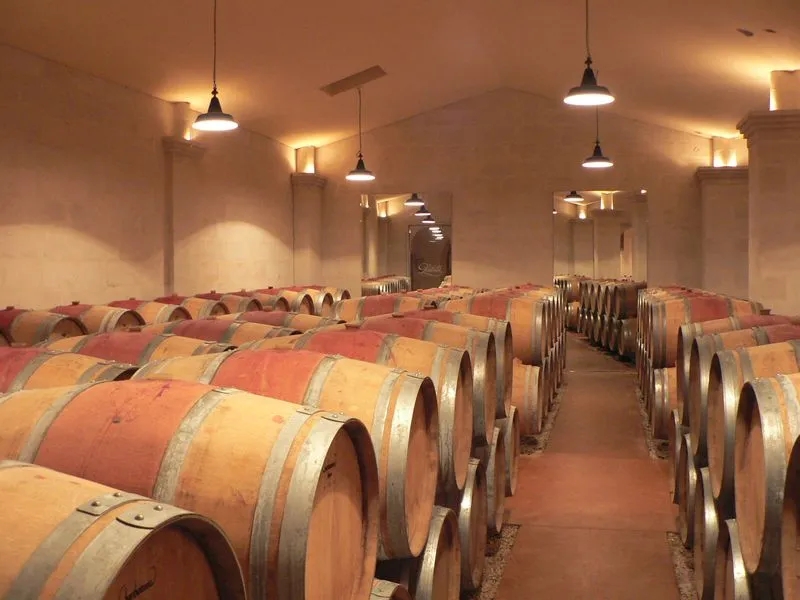 Cave de vieillissement du Château Lestrille à Bordeaux avec des tonneaux de chêne alignés sous un éclairage chaleureux