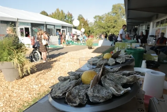 Stand de dégustation d'huîtres au Salon Lire en Poche de Bordeaux, avec des huîtres fraîches servies avec des citrons sur une table en premier plan, et des visiteurs en arrière-plan dans un jardin public.