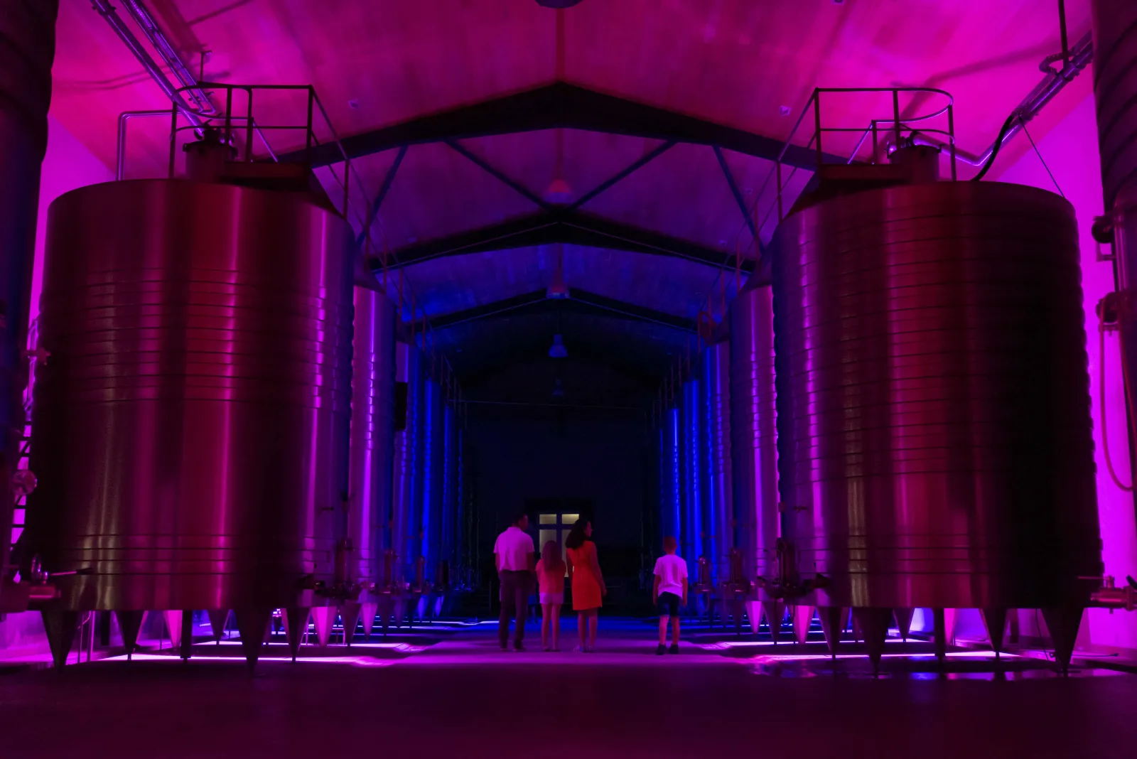 Installation artistique illuminée aux couleurs magenta et bleue montrant de grandes cuves de vinification cylindriques métalliques dans les caves du Château Lamothe Bergeron à Bordeaux, avec des visiteurs en silhouette.