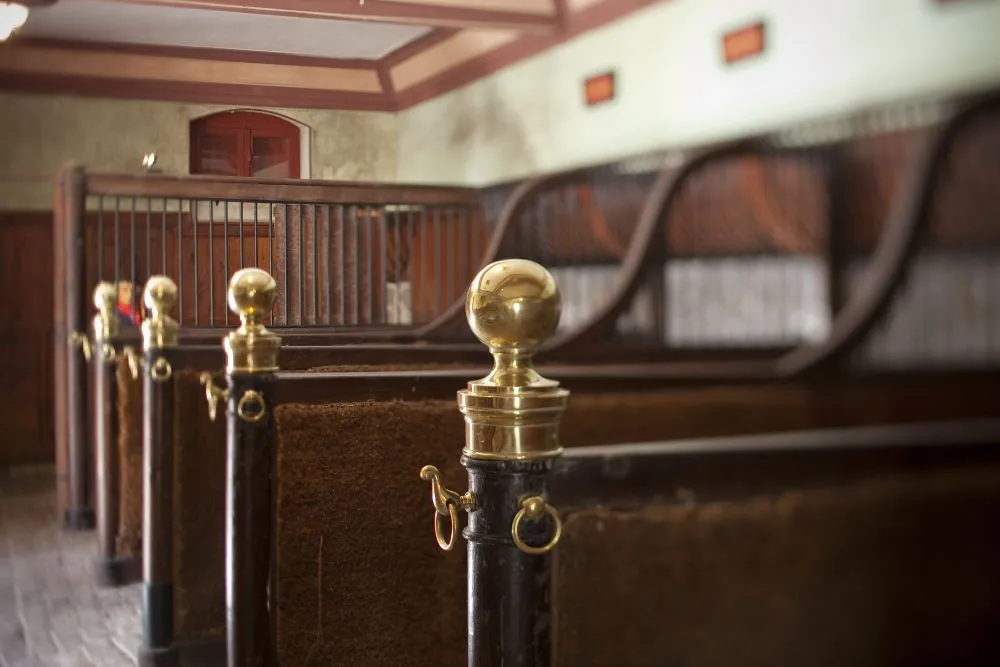 Intérieur du musée du cheval à Bordeaux montrant des stalles en bois avec des finitions en laiton doré, aménagement équestre traditionnel dans une écurie historique.