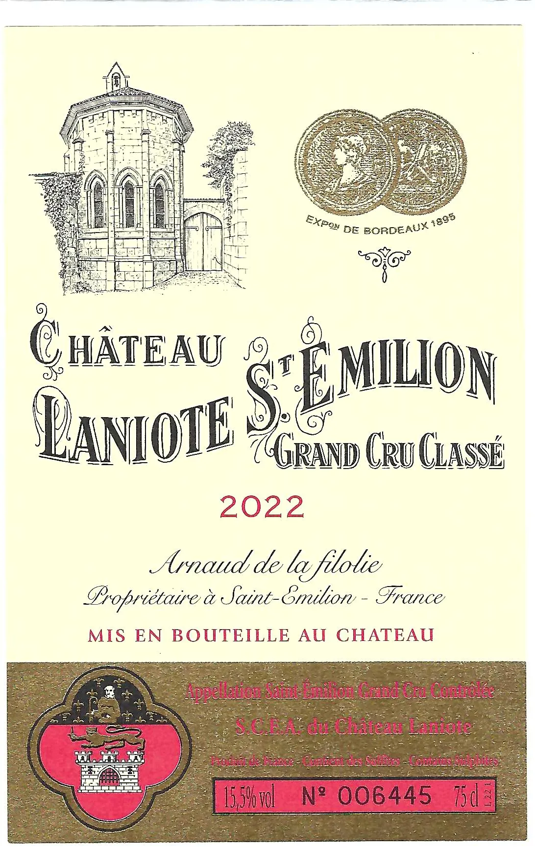 Étiquette de vin du Château Laniote Sainte-Émilion Grand Cru Classé millésime 2022, domaine Arnaud de la Filolie à Saint-Émilion, France, avec illustration du château et médailles d'exposition.