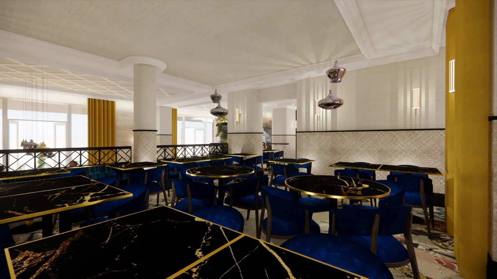 Intérieur élégant du Bistro des Vignes à Bordeaux avec tables de jeu en marbre noir et or, chaises bleues, colonnes blanches, lustre en verre et décoration dorée