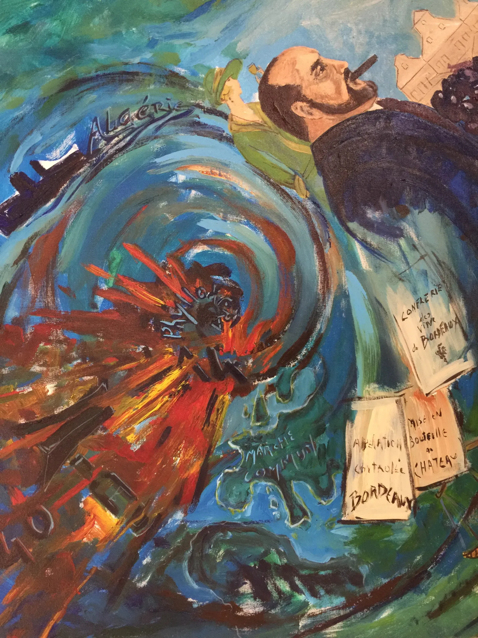Peinture expressionniste représentant un homme regardant vers le ciel, entouré de tourbillons bleus et rouges évoquant le mouvement du vin, avec des étiquettes de Bordeaux visibles à droite.