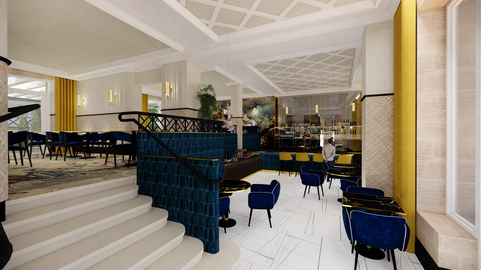 Intérieur moderne du Bistro des Vignes à Bordeaux avec bar en marbre, chaises bleues et jaunes, plafond à caissons blanc, escalier courbe et bar à vins élégant en arrière-plan.