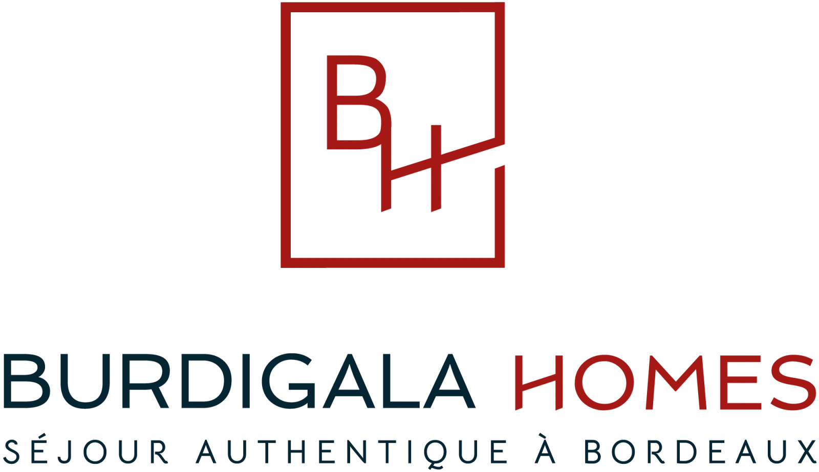 Logo de Burdigala Homes avec un B stylisé dans un carré rouge et la mention 'Séjour authentique à Bordeaux'