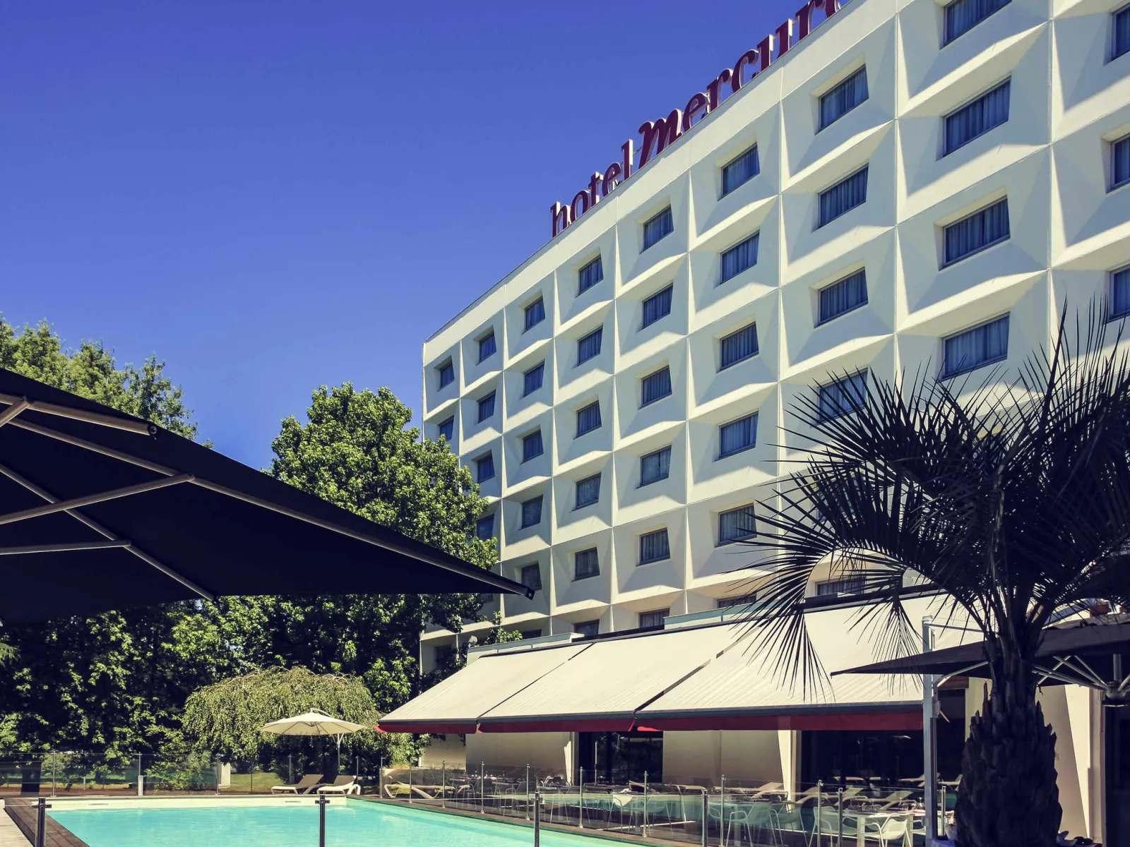 Hôtel moderne blanc au bord d'un lac à Bordeaux avec piscine, terrasse ombragée et palmier en premier plan sous un ciel bleu dégagé.