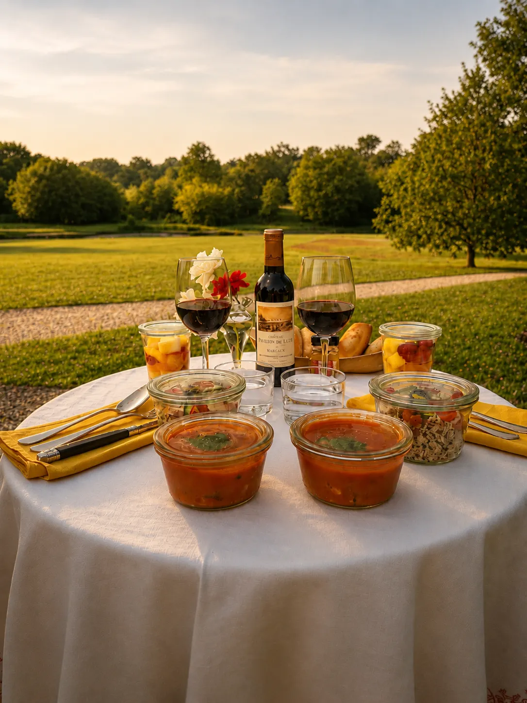 Table dressée en plein air avec nappe blanche, bouteille de vin rouge Bordeaux, verres remplis, plats de sauce tomate, fruits et fleurs rouges, avec vue sur un parc verdoyant en arrière-plan.