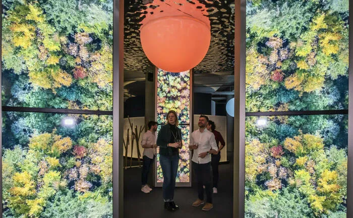 Intérieur de La Cité du Vin à Bordeaux montrant le parcours sensoriel Via Sensoria avec des visiteurs devant des murs de végétation luxuriante et une sphère orange suspendue.