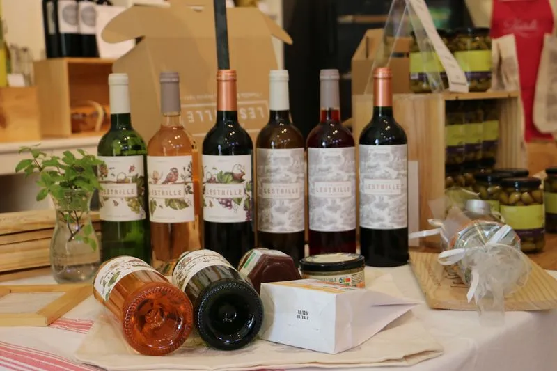 Présentation de vins du Château Lestrille à Bordeaux avec six bouteilles alignées, des verres de dégustation et une plante verte sur une table de présentation en bois.
