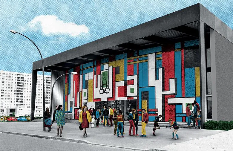 Façade de la Salle des Fêtes du Grand Parc à Bordeaux avec un mur coloré de style Mondrian, des enfants jouant devant, des immeubles en arrière-plan et un ciel bleu.