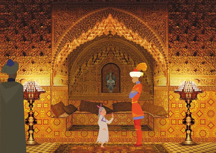 Scène d'un palais oriental richement décoré avec des motifs dorés et des arches élaborées. Trois personnages animés sont présents : un enfant en blanc, un adulte en tenue traditionnelle rouge et orange, et une silhouette sombre à gauche. Des lampadaires o