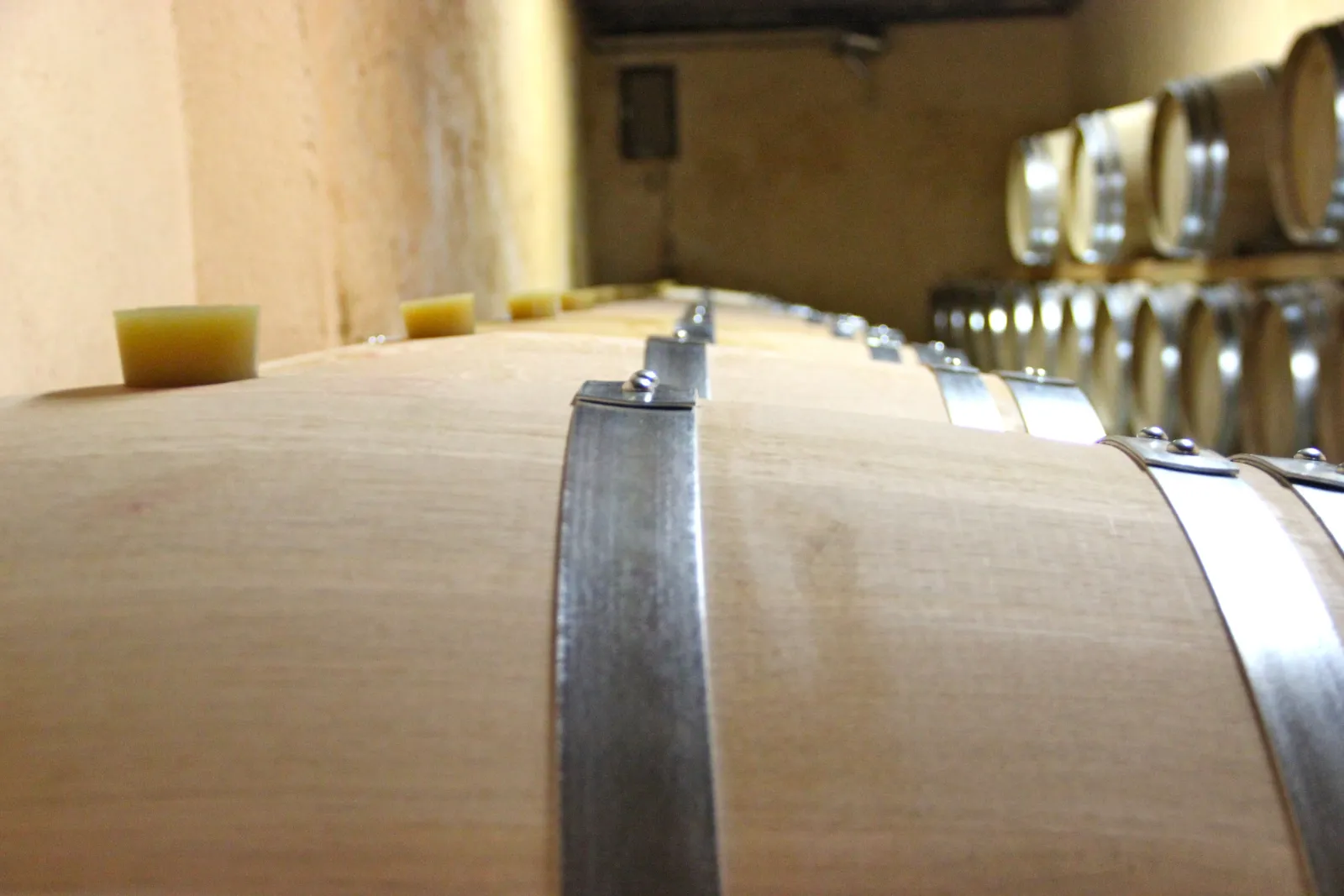 Fûts de vin alignés dans une cave de vieillement au Château Bernateau à Bordeaux, avec des bandes métalliques de serrage et des étiquettes blanches.