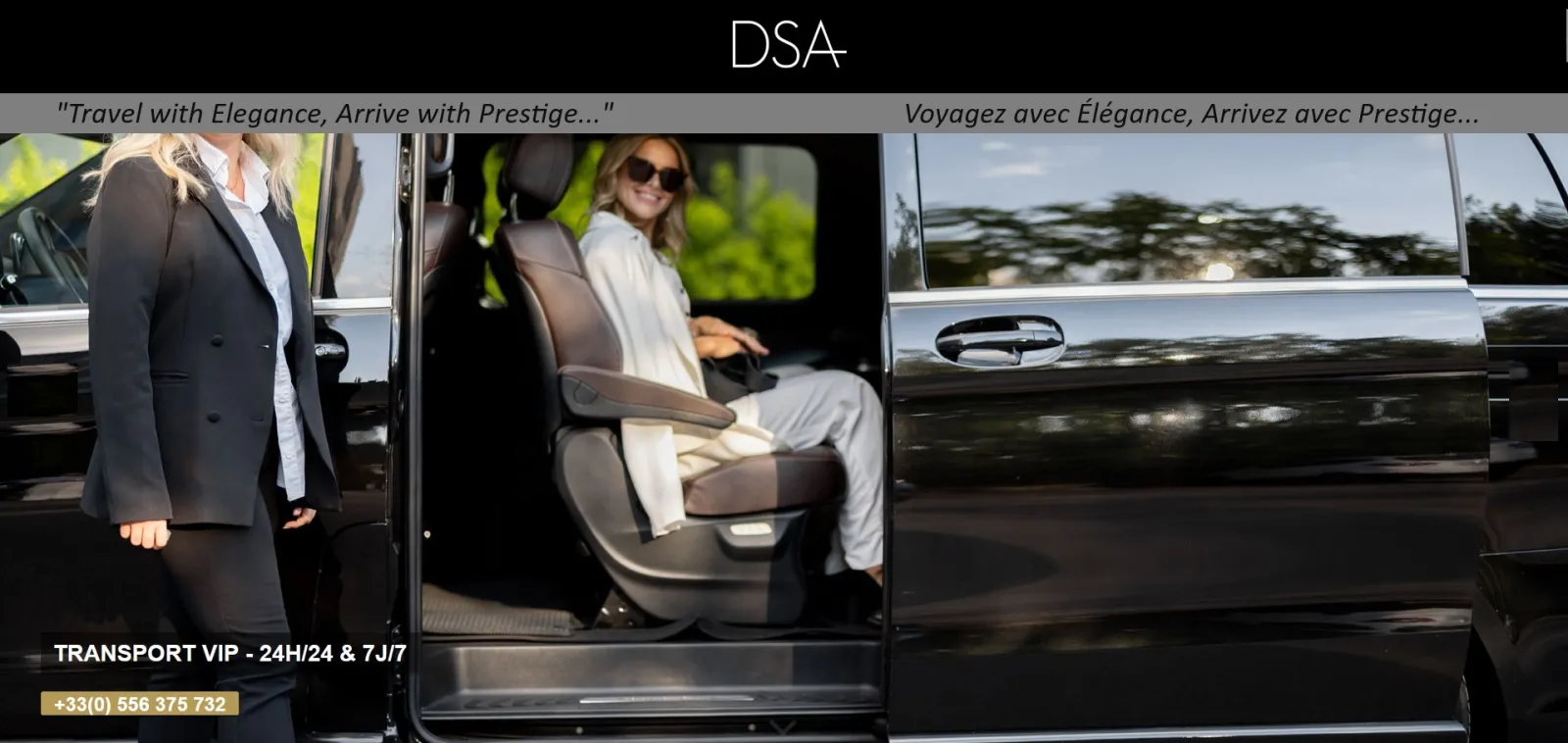 Service de transport VIP 24h/24 et 7j/7 à Bordeaux. Images montrant des véhicules de luxe noirs, des passagers élégants et des chauffeurs professionnels. Slogan : Voyagez avec Élégance, Arrivez avec Prestige.