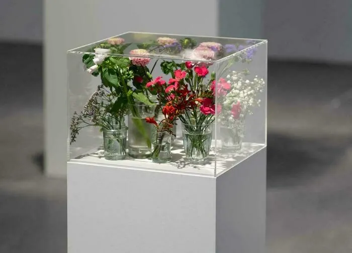 Installation artistique composée d'une vitrine transparente contenant plusieurs vases en verre remplis de fleurs fraîches colorées (roses, œillets rouges et blancs, gypsophile) sur un socle blanc, exposition Pollen au CAPC de Bordeaux.