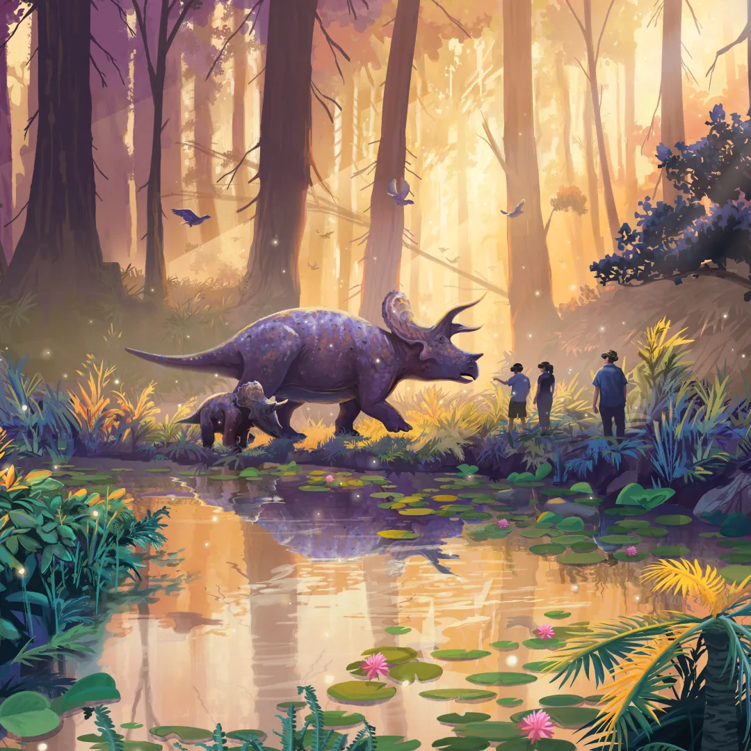 Illustration fantastique d'un triceratops violet dans une forêt lumineuse avec des arbres dorés, une rivière scintillante et des observateurs humains à proximité.