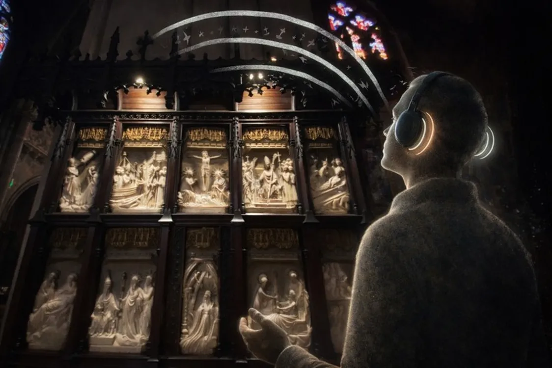Visiteur portant des écouteurs observant les portes sculptées illuminées de la basilique Saint-Seurin de Bordeaux, présentant des reliefs religieux détaillés.