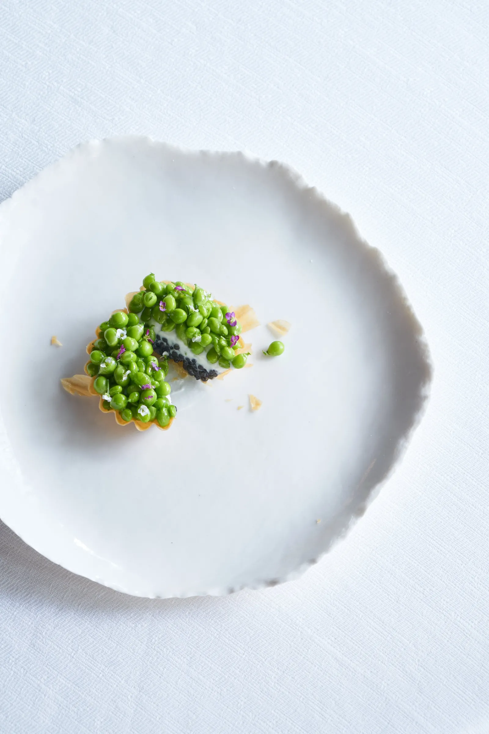 Assiette blanche minimaliste présentant une composition gastronomique avec des perles vertes, une touche noire et des copeaux dorés sur fond blanc.