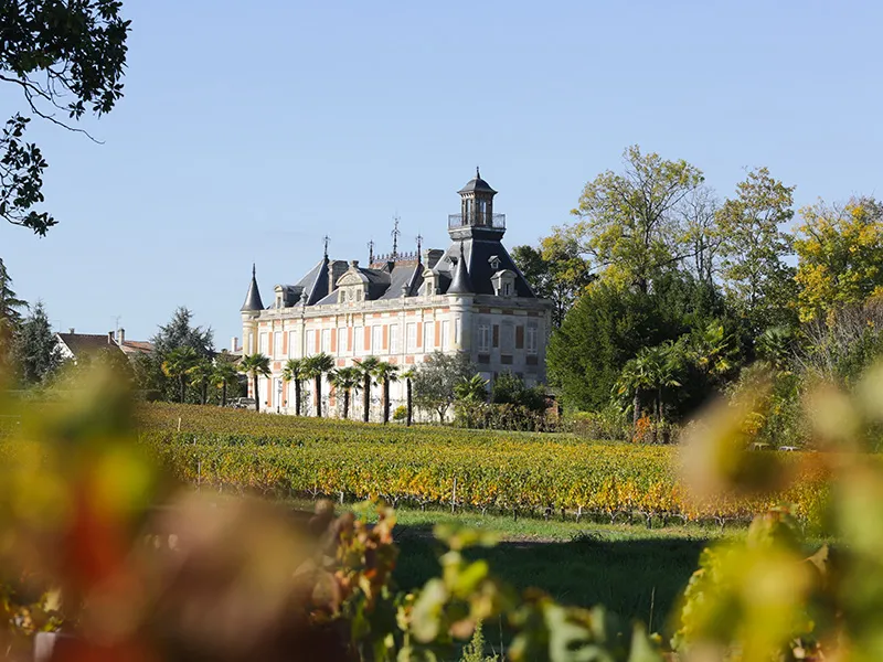 Château Marquis d'Alesme Becker à Bordeaux, un édifice architectural du XIXe siècle avec tours et toits pointus, entouré de vignobles et de verdure.