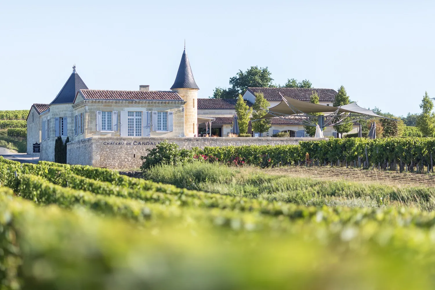 Château de Candale entouré de vignobles à Bordeaux, avec ses tours pointues caractéristiques et ses bâtiments en pierre blanche