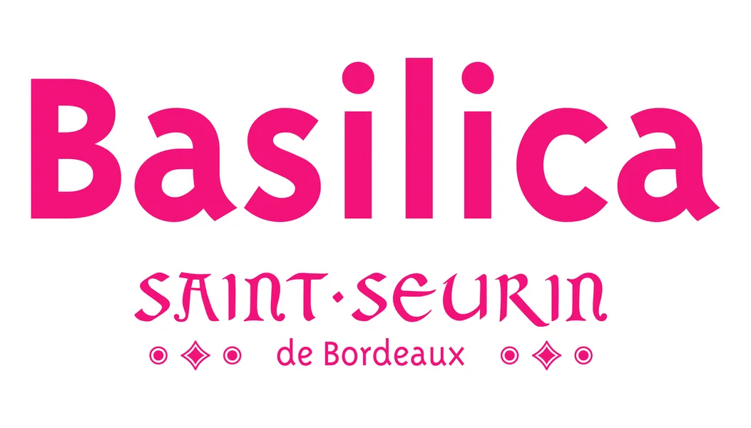 Logo de la Basilique Saint-Seurin de Bordeaux en rose vif avec le nom du monument et sa localisation