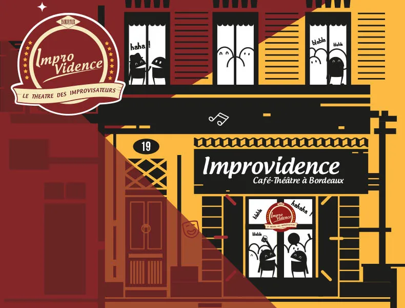 Illustration de la façade du café-théâtre Improvidence à Bordeaux, un lieu de théâtre d'improvisation aux couleurs jaunes et noires avec des personnages stylisés aux fenêtres et le logo du théâtre.