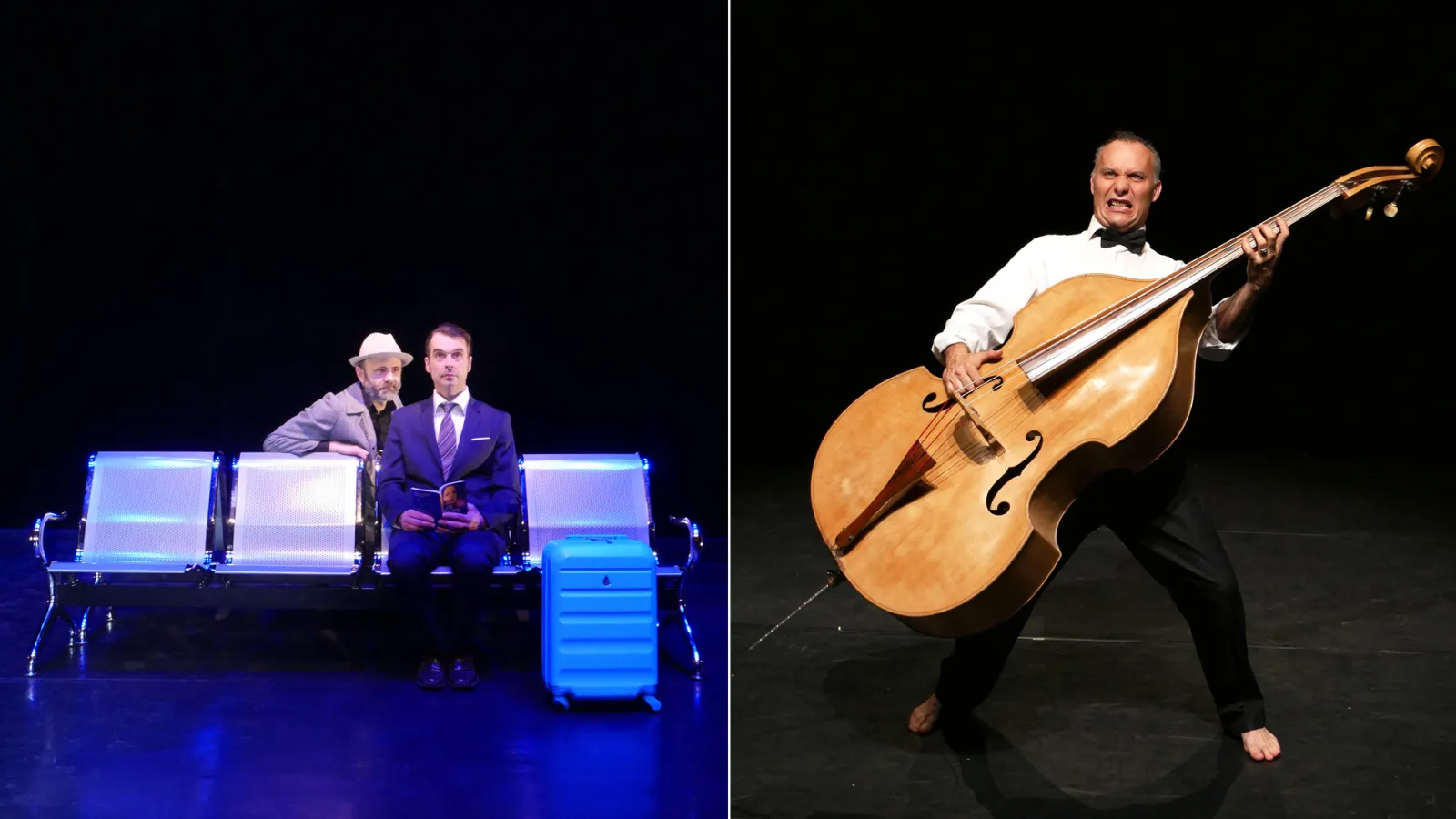 Deux scènes de spectacle au Théâtre du Pont Tournant de Bordeaux : à gauche, deux acteurs sur une scène avec des sièges d'aéroport illuminés en bleu ; à droite, un musicien jouant du violoncelle en costume de scène.