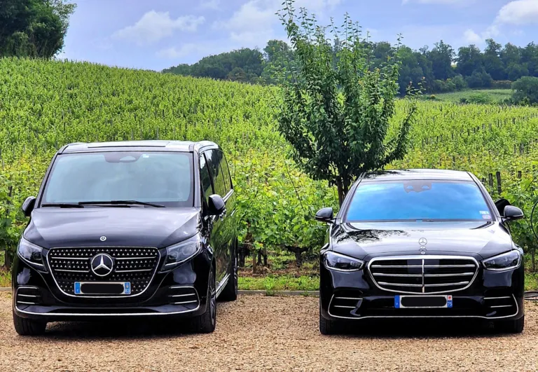 Deux véhicules Mercedes-Benz de luxe noirs stationnés côte à côte dans un vignoble bordelais, avec des rangées de vignes vertes en arrière-plan.