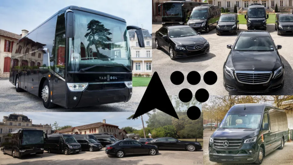 Collage montrant les services de transport de l'autocariste BTA à Bordeaux : autocars de luxe, véhicules de tourisme et navettes, stationnés devant des bâtiments bordelais.