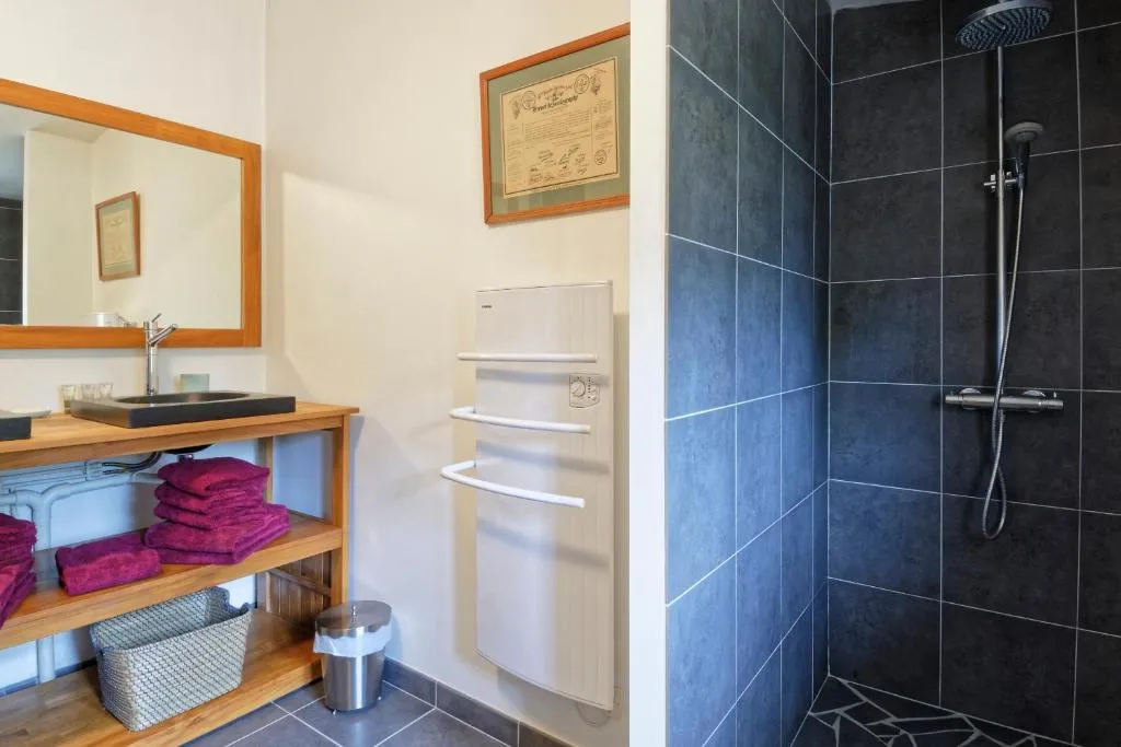 Salle de bain moderne avec lavabo en pierre noire sur meuble en bois, miroir encadré en bois clair, serviettes roses, radiateur blanc, et douche à l'italienne avec carrelage bleu et noir à la Bastide de Siran à Bordeaux