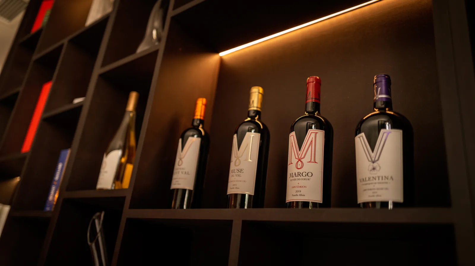 Collection de bouteilles de vin rouge exposées sur une étagère illuminée dans une cave de Bordeaux, avec des étiquettes visibles dont une bouteille Margo, dans une ambiance de dégustation.