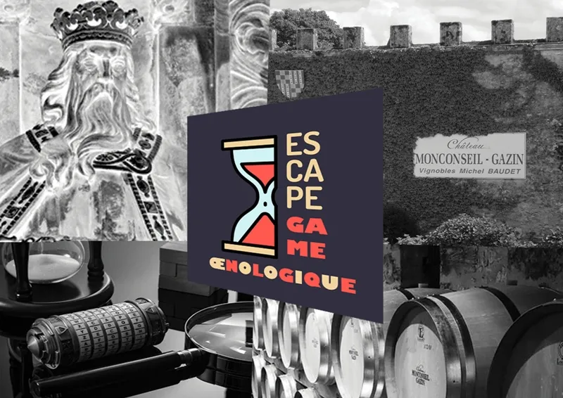 Affiche de l'escape game oenologique 'Le Trésor de Charlemagne' à Bordeaux, présentant un sablier, un roi medieval, des tonneaux de vin et le château de Monconsieil-Gazin.