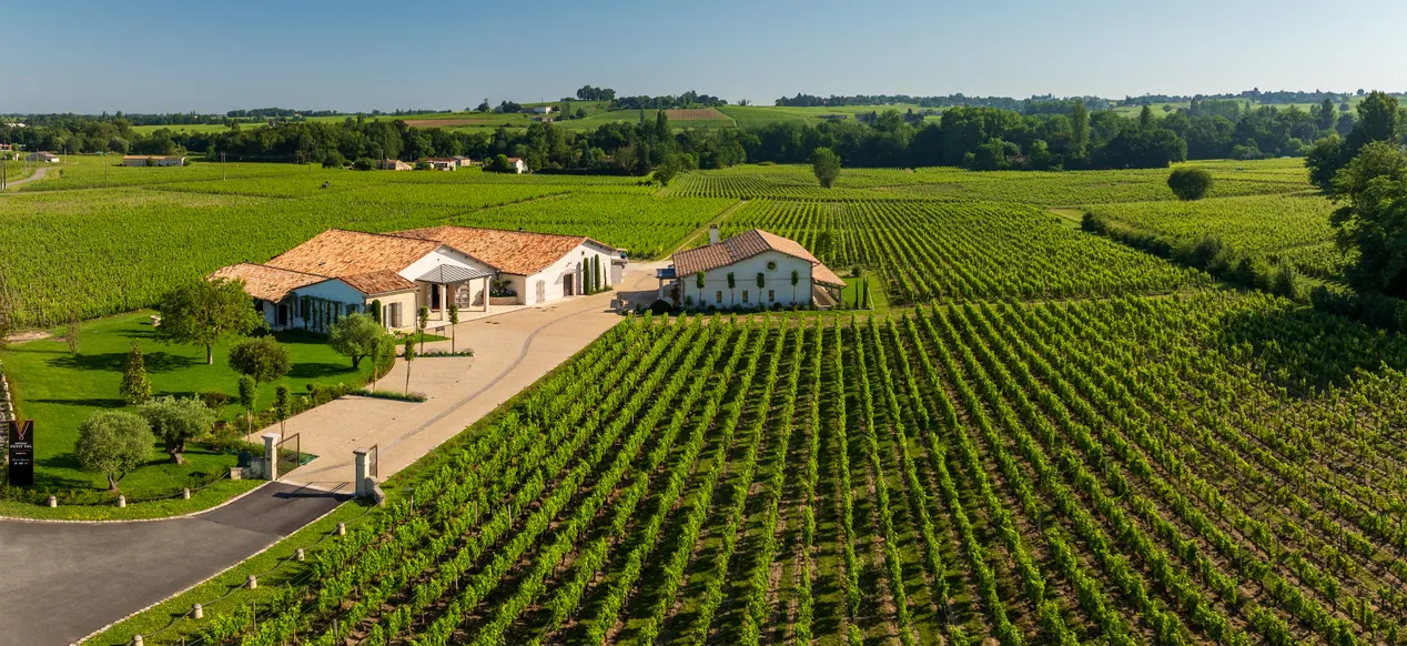 Vue aérienne du Château Petit Val à Bordeaux, avec ses bâtiments blancs aux toits de tuiles rouges entourés de vignobles en rangées régulières et de verdure