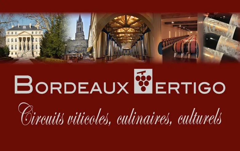 Bordeaux Vertigo - Circuits viticoles, culinaires et culturels à Bordeaux. Collage montrant une façade bordelaise, la basilique Saint-Michel, une galerie voûtée, des tonneaux de vin et le logo raisin.