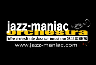 Logo de Jazz-Maniac Orchestra, orchestre de jazz sur mesure à Bordeaux. Affiche le nom de l'orchestre en blanc et jaune avec une illustration de trompette, le numéro de contact 06.15.87.09.78 et le site www.jazz-maniac.com sur fond noir.